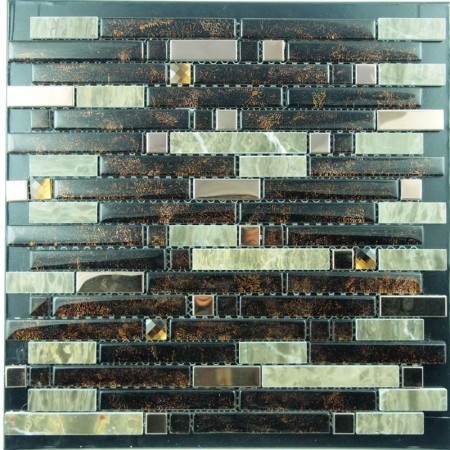 Metal and Glass Tiles Stainless Steel Backsplash Wall Tile Brown Crystal Glass Mosaic Interlocking Tile YB2023