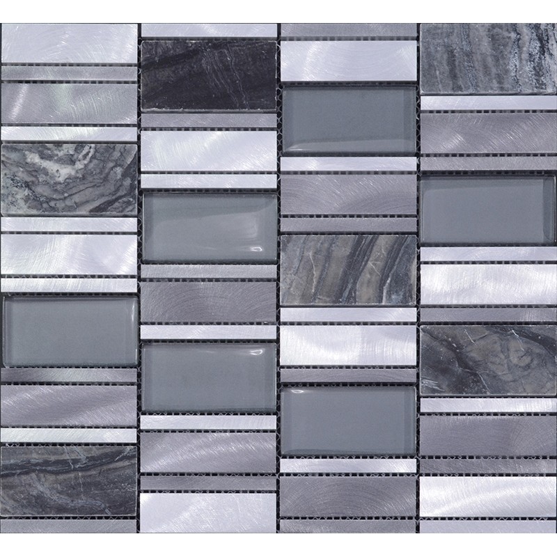 Stone And Glass Mosaic Sheets Brushed Aluminum Metal Wall Tiles Gray