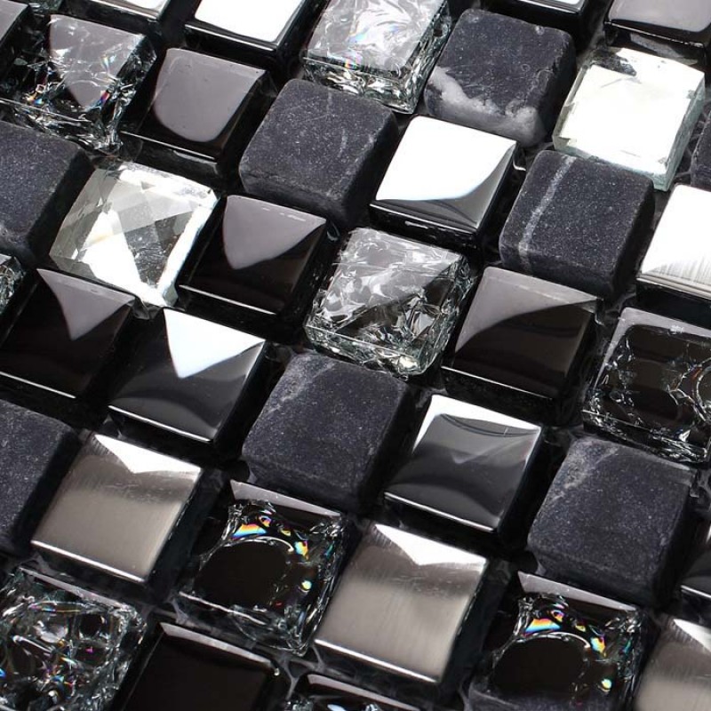 Black Glass Mosaic Diamond Gray Marble Plated Silver And Blue Tile